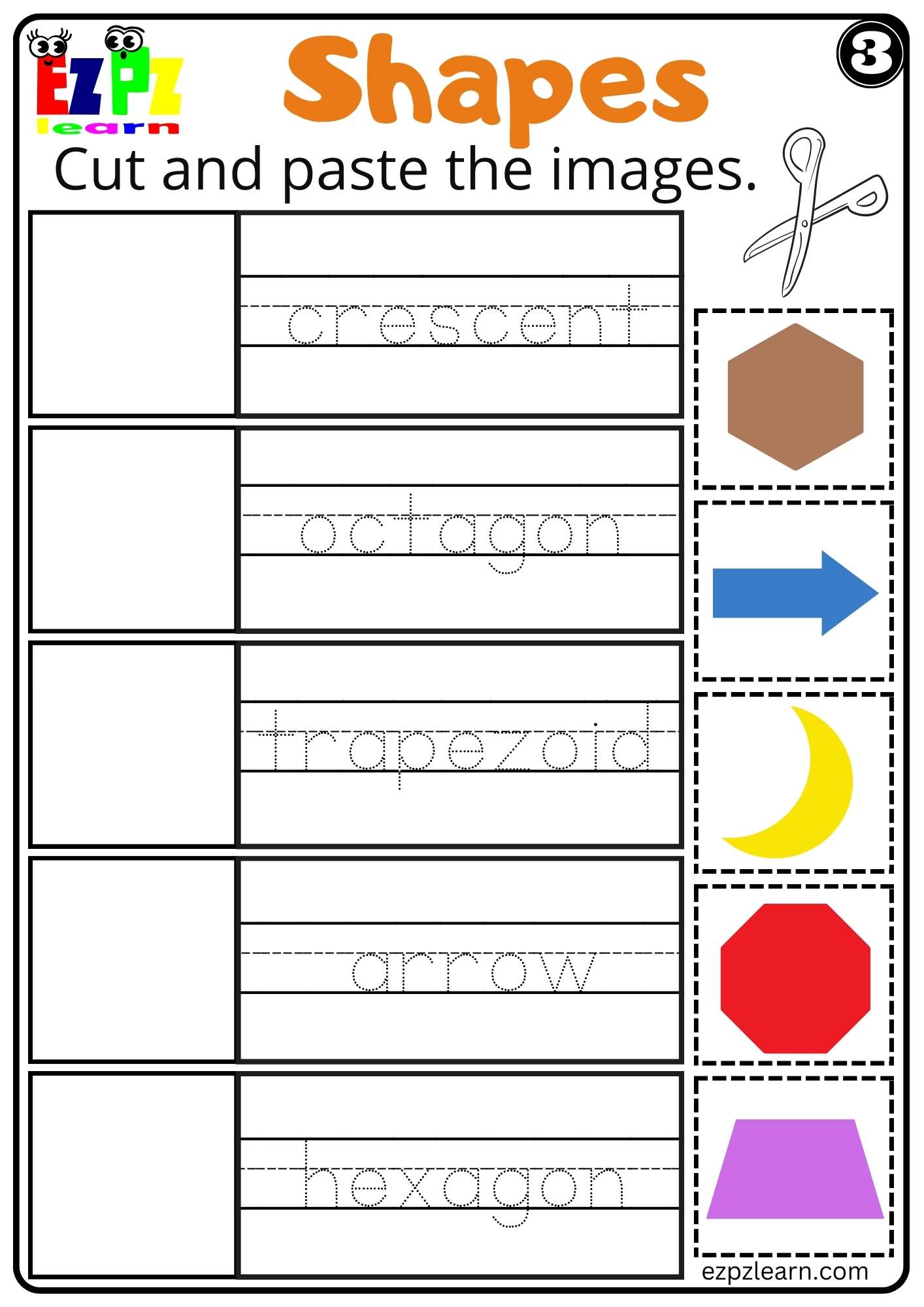 Shapes Cut and Paste Worksheet for Home Schooling Kindergarten and ESL